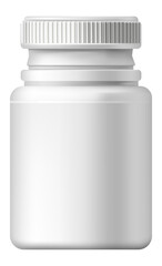 Realistic white plastic medicine bottle with ribbed cap is standing on a white background, creating a clean and sterile aesthetic perfect for showcasing pharmaceutical products or supplements