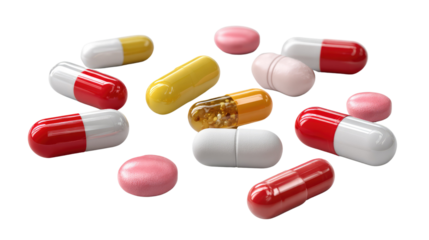 Vibrant array of pills: A macro shot featuring an assortment of colorful pills, each of different shape and size, creating an eye-catching display. It's a visual representation of healthcare.