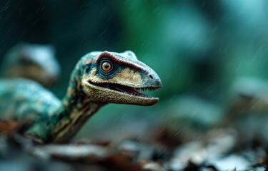Realistic depiction of a small dinosaur emerging from a lush forest setting with raindrops creating a dramatic atmosphere of prehistoric life