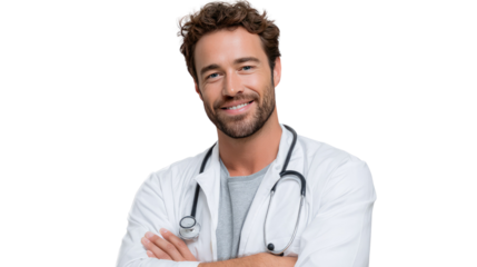 The Confident Doctor: A handsome doctor, stethoscope around neck, exudes confidence and care with a warm, genuine smile, representing health and medicine.