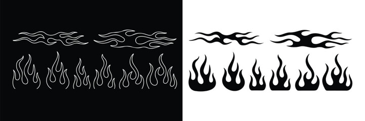 Fire flame vector design elements isolated on black and white background
