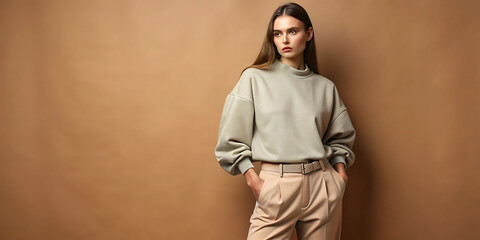 Stylish woman in sage green sweatshirt and beige pants against brown background