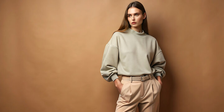 Stylish woman in sage green sweatshirt and beige pants against brown background