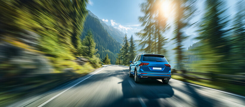 A blue SUV speeds along a winding mountain road with motion blur, showcasing a thrilling journey through lush green nature and clear skies, with sun flare.

