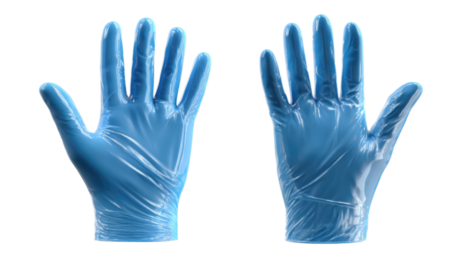 Pair of Blue Protective Gloves: Isolated image of two blue, disposable gloves, highlighting their protective design, perfect for medical, hygiene, or lab work.