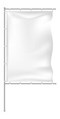 White rectangular flag waving gracefully on a sturdy metal pole with rings, offering a versatile template for custom designs and branding opportunities in various contexts