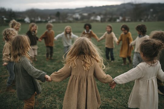 Children playing outdoors in a circle holding hands on a cloudy day