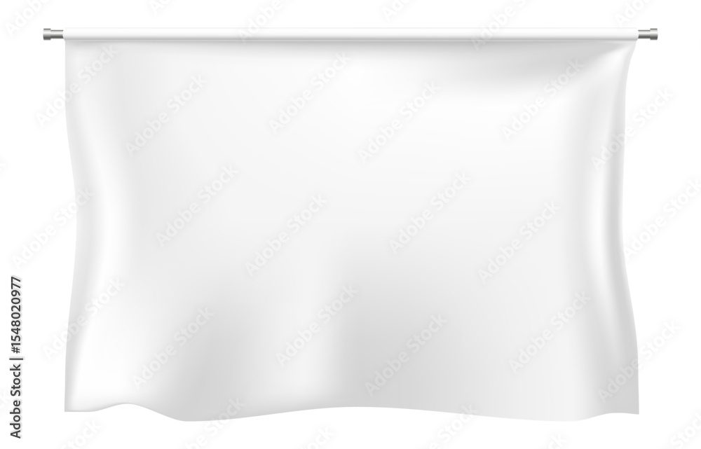 Poster white rectangular flag waving gently on a horizontal metal pole, creating a perfect backdrop with am