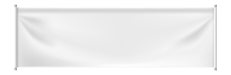 White rectangular canvas hanging on two metal poles with wrinkles and shadows, providing a realistic and customizable backdrop for showcasing designs or messages