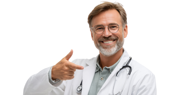 Doctor's Expertise: A seasoned healthcare provider, adorned in a crisp lab coat, extends a gesture of assurance, with a warm, inviting smile. A photorealistic portrait of trust and capability.