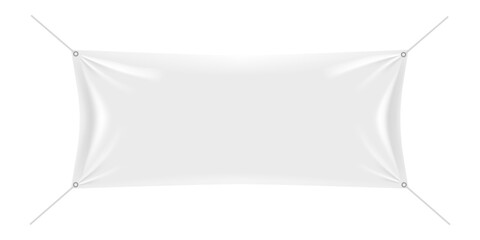 White rectangular vinyl banner hanging on ropes with eyelets, isolated on white background, ready for your advertisement or promotional text