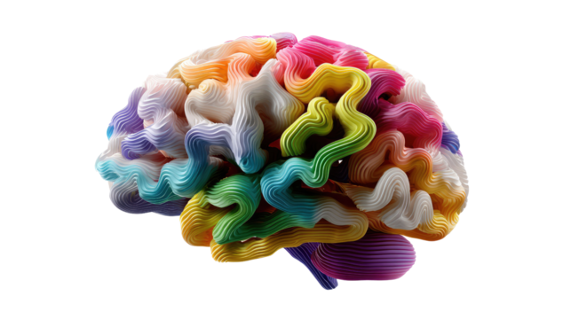 Colorful Brain: A vibrant representation of the human mind, rendered in a spectrum of colors, symbolizing thoughts and creative exploration.