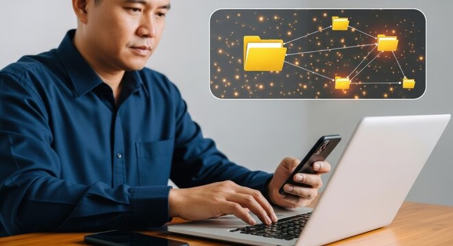 Man using laptop and smartphone with a network of folders overlayed in the background image concept