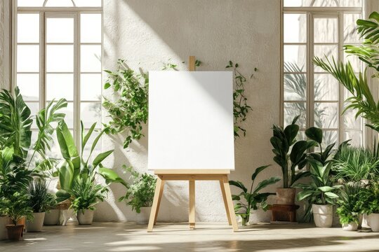 Blank canvas on easel in a sunlit room with greenery - Powered by Adobe