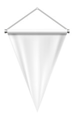 White triangular pennant hanging on a metal support, offering a blank template ready for text or design, ideal for promoting events, businesses, or messages