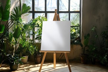 Blank canvas on easel in a sunlit room with plants (1)