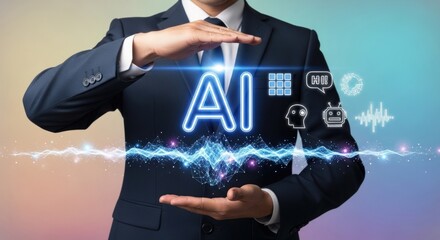 A person presenting glowing ai icons and a waveform in a suit with hands in a protective gesture
