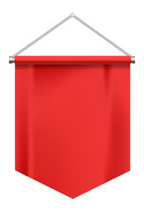 Red pennant hanging from a metallic support, featuring a blank space ideal for promoting events, sales, or important messages, set against a clean white background