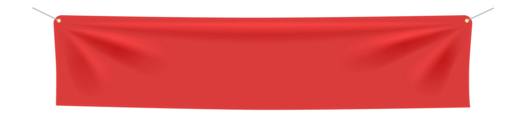 Red textile banner hanging gracefully against a clean white background, supported by two metallic wires with eyelets, perfect for displaying messages or designs in various contexts