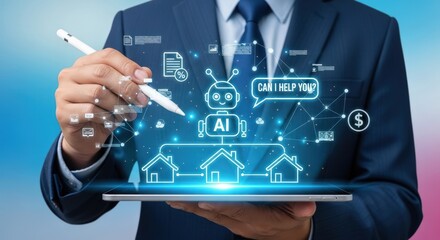 Fototapeta premium Person holding tablet with ai chatbot connecting houses and icons in a digital network interface