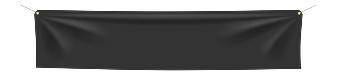 Realistic black rectangular textile banner hanging on ropes secured by grommets, isolated against a white background, gently waving in the wind, ideal for marketing and promotional displays