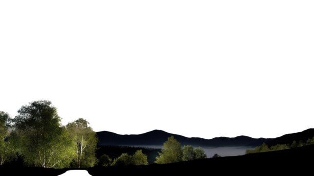 Rolling Hills Silhouette: A tranquil vista unfolds, with silhouettes of trees, hills and mountains creating a scenic panorama capturing the essence of serenity.