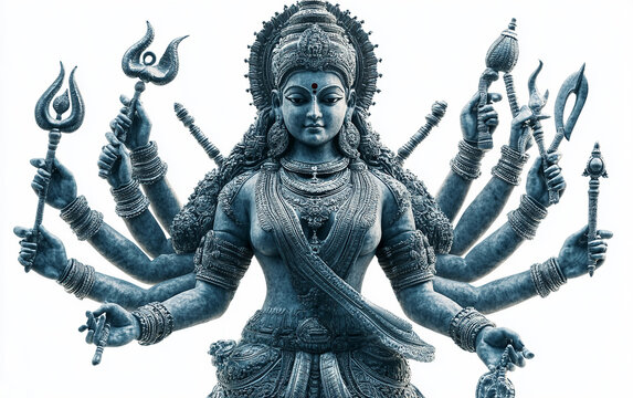 Exquisite sculpture of Goddess Durga wielding traditional weaponry. Generative AI.
