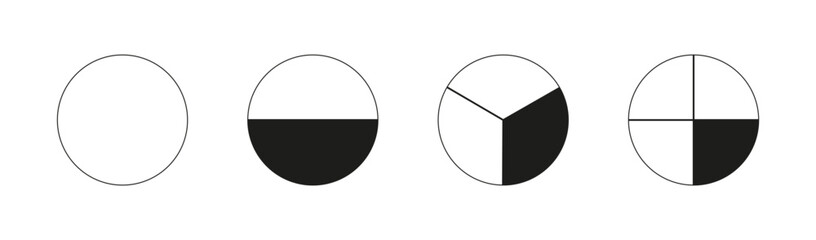 Round divided diagrams with from one to four segments. Circle division on from 1 to 4 equal parts. Infographic samples. Coaching blank. Outline graphics. Pizza, pie charts. Segmented black pinwheel.