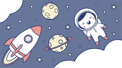 Naklejka premium Adorable Cartoon Astronaut Floating in Space Cute Planets and Rocket Scene