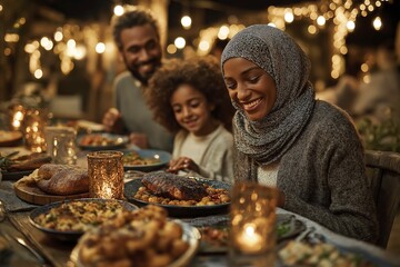Happy african family enjoying dinner outdoors with laughter and warm lights