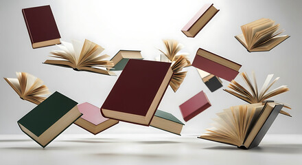 Flying hardcover and paperback books, mostly open, suspended in mid-air against a gradient background, pages fanned out, covers ranging in colors like maroon, green, and beige
