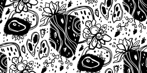 Abstract floral seamless pattern - flowers, strawberries and lines. Repeated print with delicate petals. Minimalism of simple lines.