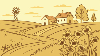 Rural Village Idyll Sunflowers, Farmhouses, and Dirt Roads