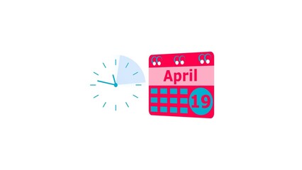 April month 19 date calendar icon  and  magenta red color clock iilustration. Digital calendar month concept design on White background.