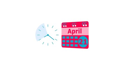 April month 21 date calendar icon  and  magenta red color clock iilustration. Digital calendar month concept design on White background.