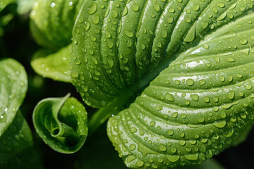 Fresh green hosta leaf covered in glistening raindrops, with a tightly furled young leaf beside it, bathed in sunlight.