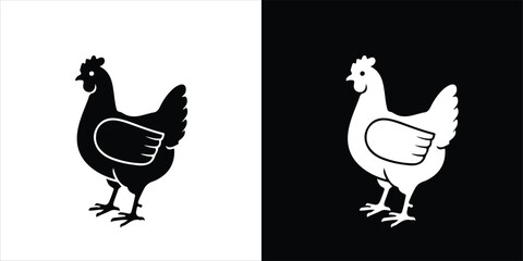 Black and white chicken silhouettes isolated on white and black backgrounds
