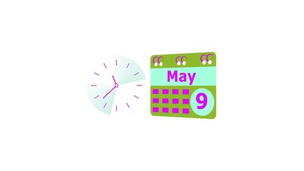May month 9 date calendar icon  and  magenta color clock 4k illustration. Digital calendar month concept design on White background.