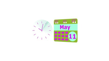 May month 11 date calendar icon  and  magenta color clock 4k illustration. Digital calendar month concept design on White background.