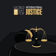 Banner for World Day for International Justice with hammer judge and scales justice
