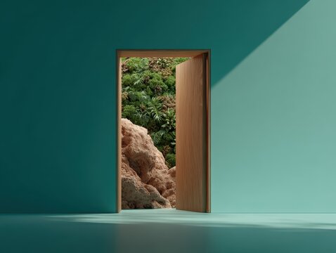 A minimal open door in a barren desert, contrasting with a lush green jungle, symbolizes a breakthrough to a healthier, cleaner future.