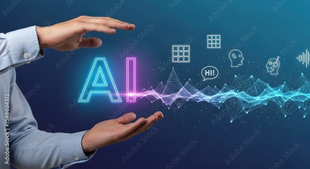 Fototapete hands presenting glowing ai text with digital icons and network on a gradient blue background