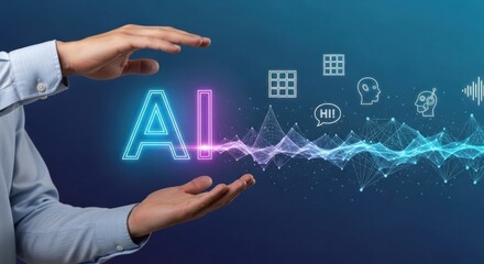 Hands presenting glowing ai text with digital icons and network on a gradient blue background