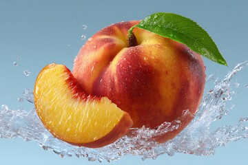 Fresh peach with water splash and green leaf on blue background