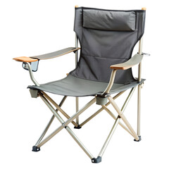 Portable Folding Camping Chair with Headrest and Side Tray, Gray Fabric