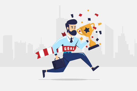 Businessman Reaching His Goal and Celebrating Success, Businessman Conquers His Goals and Collects His Trophy, Race Towards Professional Success Crossing the Finish Line with Trophy