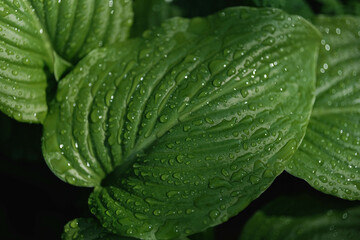 Obraz premium Close-up of vibrant green Hosta leaves glistening with fresh raindrops, capturing nature's serene beauty.