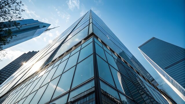 Looking up at modern skyscrapers with glass facades against a blue sky - Powered by Adobe