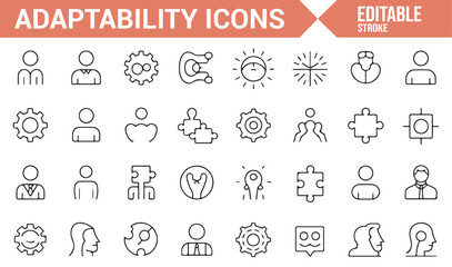 Collection of Icons Depicting Adaptability, Gears, and Human Skills

