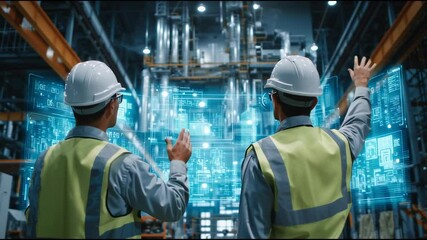 Two engineers wearing safety helmets and vests examine holographic designs and data in a high-tech manufacturing plant, showcasing the integration of technology in industry - Powered by Adobe